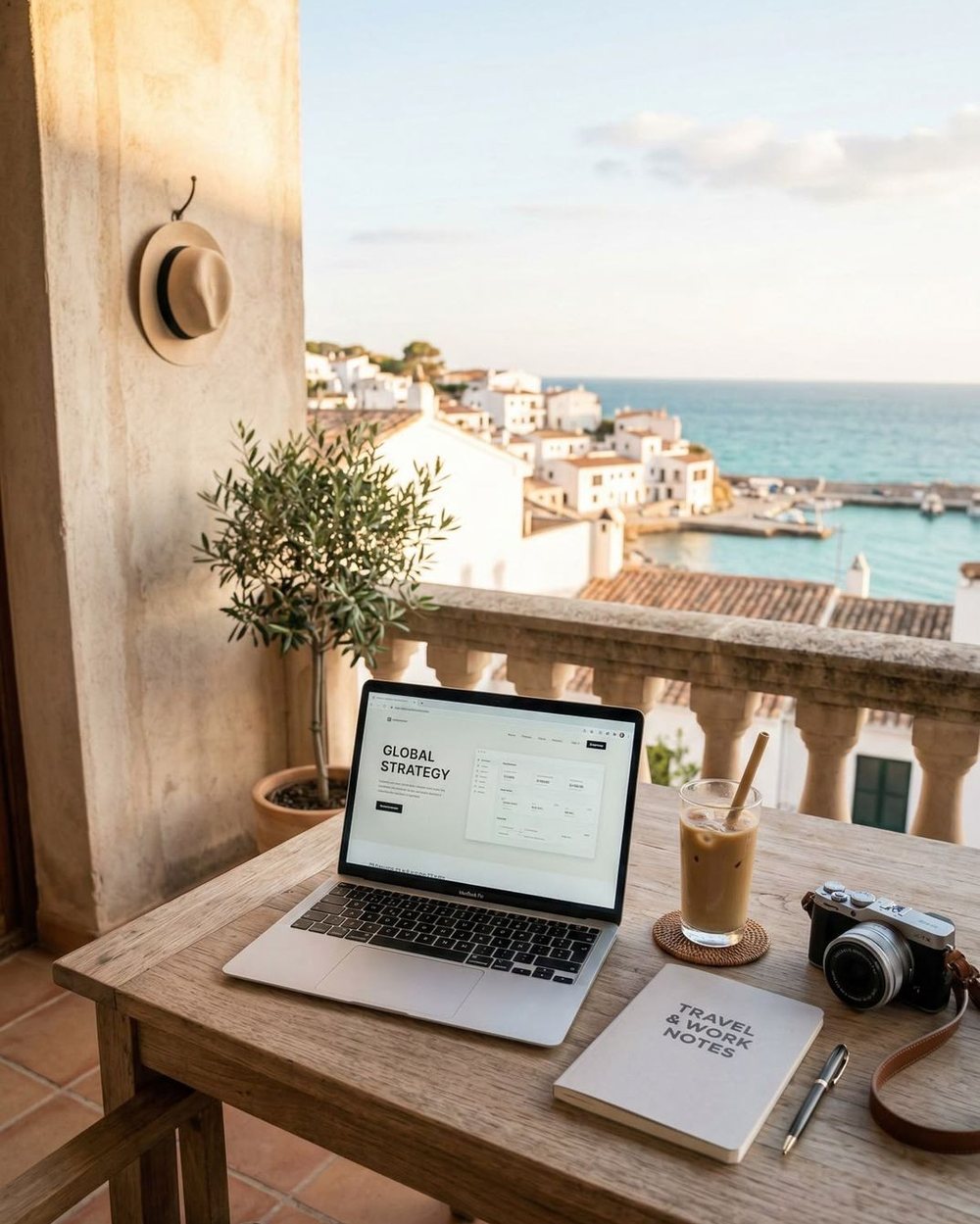 A laptop and coffee set up to work from a sunny balcony overlooking the sea